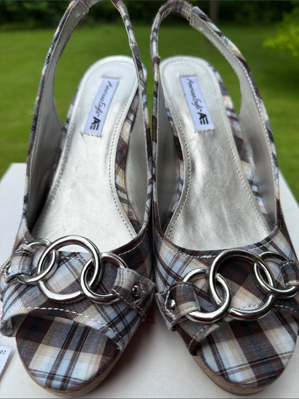 American Eagle Outfitters Brown Plaid Peep-Toe Slingback Wedge Sandals - Picture 2 of 14